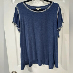 Max Studio Heather Navy Blue Short Sleeve Embroidered Trim Shirt in Size 2X